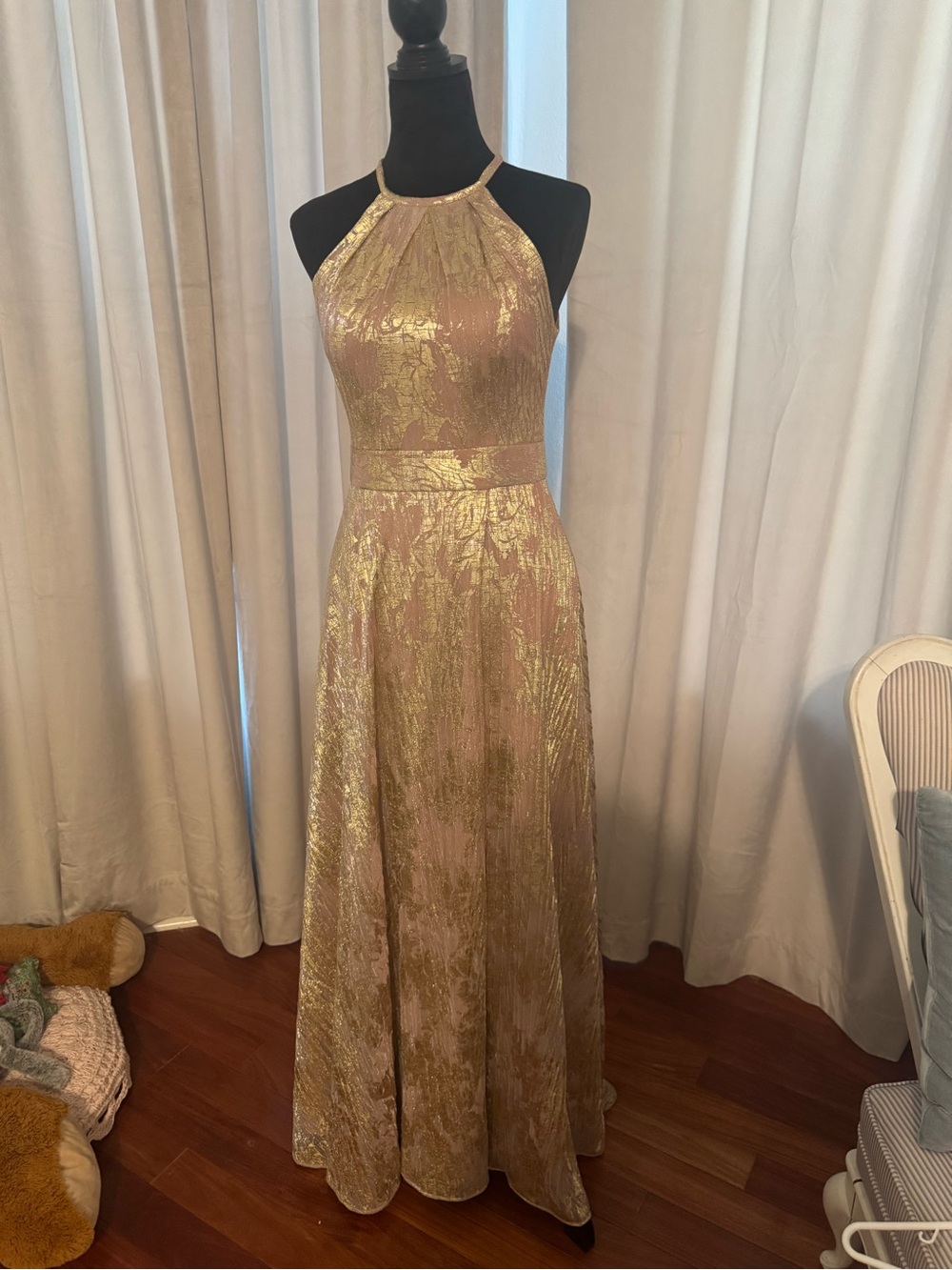 Aqua Metallic Gold Halter Maxi Dress